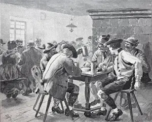 Aged Prints: Tavern in Bavaria, Germany, men drinking beer
