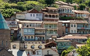 Tbilisi, Georgia - May 17 2022: Traditional and historical Georgia houses in Tbilisi old city center