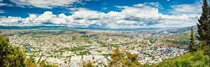Tbilisi, Georgia. Scenic Aerial View, Panorama, Cityscape With Beautiful Blue Sunny Sky. Summer Season