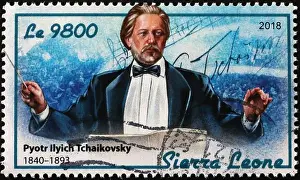 Postage Stamp Prints: Tchaikovsky conducting the orchestra on postage stamp