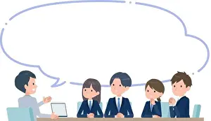 Teacher teaching a class to a group of students with speech bubble