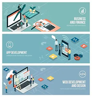 Gears Prints: Technology, business and development banner set with people working together