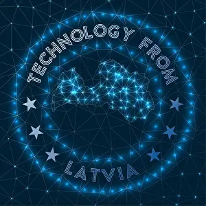 Latvia Prints: Technology From Latvia. Futuristic geometric badge of the country
