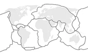 Globe Prints: Tectonic plate earth map. Continental ocean pacific, volcano lithosphere geography plates