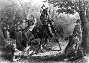 American Indian Prints: Tecumseh shielding prisoners from another Native American on horseback wielding a tomahawk during the War of 1812;