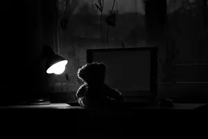 Teddy Prints: teddy bear for children sits carrying a laptop on the table