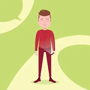 Chatting Prints: teen boy character grieved hold phone male red suit template for design work