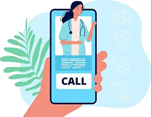 Consult Prints: Telemedicine. Hand holding phone
