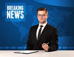 Presenting Prints: Television presenter in front telling breaking news with blue modern background concept
