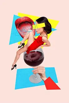 Discotheque Prints: Template collage design trend artwork 3D sketch of hand hold cocktail glass wine alcohol toast friday relax young woman