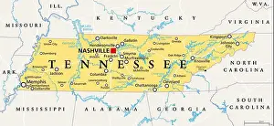 Mississippi Prints: Tennessee, TN, political map, with capital Nashville