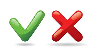 Approved Prints: Test check mark buttons icon. Tick and cross vote symbol