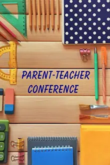 Stickers Prints: Text PARENT-TEACHER CONFERENCE and stationery on wooden background. School concept