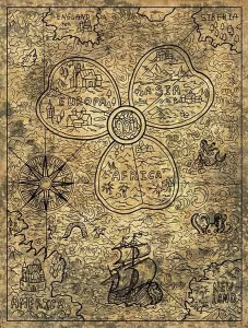 Compass Prints: Textured marine illustration of old map of the world with wind rose and sailboat or ship