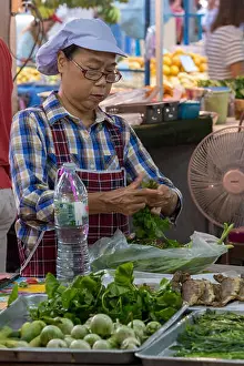 Travellers Prints: a thai lady or woman on a thailand street food stalll at a market on the island of phuket serving hot food in a