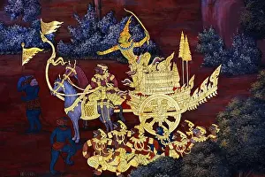 Grand Palace Prints: Thai traditional painting art work due to classic literatures on wall at a temple