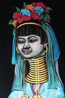 Coil Prints: Thailand Northern Padaung hilltribe Long Neck Karen tribe art painting woman women Kayan Thai black background Chiang