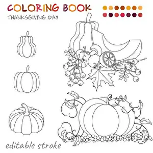 Black Vector Vectors Prints: Thanksgiving Day. Pumpkin in the garden and other vegetables