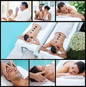 Montage Prints: Theres no better way to relax. Composite image of a couple enjoying a spa day