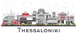 Thessaloniki Prints: Thessaloniki Greece City Skyline with Color Buildings Isolated on White