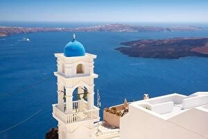 Images Dated 27th June 2011: Thira - white bell tower overlooking the sea, Santorini Island, Cyclades, Greece