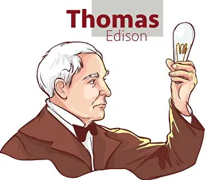 Physicist Prints: Thomas Alva Edison is Holding Lamp in His Hand stock illustration