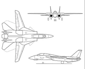 Twin Engine Prints: A three-view line art drawing of the Grumman F-14 Tomcat