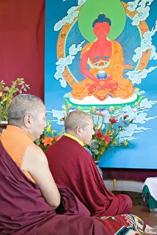 Color Photography Prints: Tibetan Monks with painting of Buddha Amitabha at Amitabha Empowerment Buddhist Ceremony Meditation Mount in Ojai CA