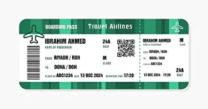 Ticket to Doha, Qatar. Boarding pass template with generic data. Travel flight ticket vector illustration with QR code