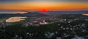 Benedictine Prints: Tihany, Hungary - Aerial panoramic view of Benedictine Monastery of Tihany (Tihany Abbey)