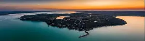 Benedictine Prints: Tihany, Hungary - Aerial panoramic view of Tihany Peninsula with Benedictine Monastery of Tihany (Tihanyi Apatsag)