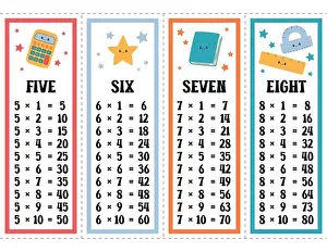 Times tables vector set. Printable multiplication table of five, six, seven and eight. Mathematical printout template for elementary school students