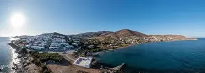Tinos island, Cyclades Greece. Aerial drone panoramic view of Agios Sostis church beach
