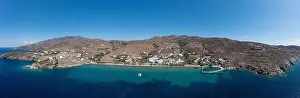 Whitewashed Prints: Tinos island, Cyclades Greece. Aerial panoramic drone view of Agios Romanos sandy beach