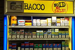 Cigarettes Prints: tobacco cigarette cigarettes display stand in tobacconist tobacconists shop store selling
