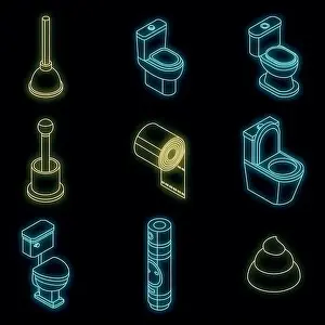 Closet Prints: Toilet bathroom icon set. Isometric set of toilet bathroom vector icons neon on black
