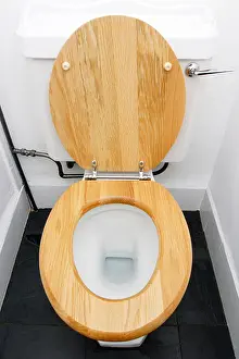 Urgency Prints: Toilet viewed from above with the lid open Lid is light wood toilet walls white floor has dark gray slate tiles