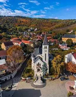 Borsod Abauj Zemplen Prints: Tokaj, Hungary - Aerial view of the Heart of Jesus Church at the main square of the town of Tokaj on a sunny autumn