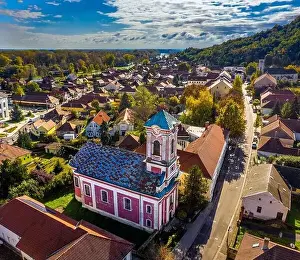 Borsod Abauj Zemplen Prints: Tokaj, Hungary - Aerial view of the Saint Nicholas Orthodox church at the high street of the town of Tokaj on a sunny