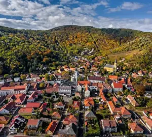 Borsod Abauj Zemplen Prints: Tokaj, Hungary - Aerial view of the town of Tokaj on a sunny autumn morning with blue sky and clouds