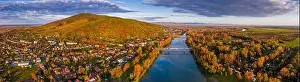 Borsod Abauj Zemplen Prints: Tokaj, Hungary - Ultra wide aerial panoramic view of the small town of Tokaj with golden vineyards on the hills of wine