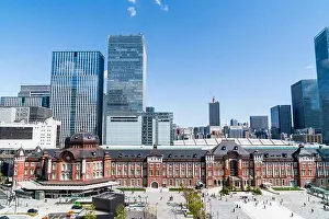 Transport Hub Prints: Tokyo. High angle view of the Marunouchi side of the red brick Tokyo station building