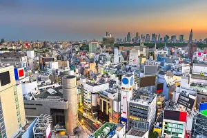 Kanto Prints: Tokyo, Japan city skyline over Shibuya Ward with the Shinjuku Ward skyline in the distance