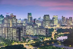 Tokyo, Japan cityscape over Chiyoda Ward with the National Diet Building at twilight