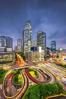 Shinjuku Prints: Tokyo, Japan cityscape over traffic loops in the Shinjuku financial district at night