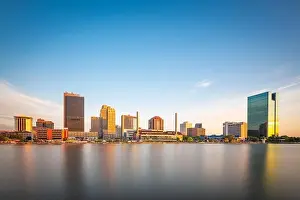 Lucas County Prints: Toledo, Ohio, USA downtown skyline on the Maumee River at dusk