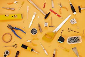 Hammer Prints: Tools collection on yellow background