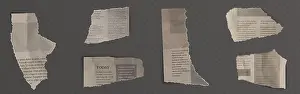 Article Prints: Torn newspaper fragments, ripped paper scraps with text