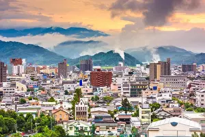 Tottori, Japan town skyline at dusk