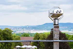 Telescope Prints: Tourist Paid Binoculars Overlooking City Landscape Blurred Depth of Field Isolated Nature